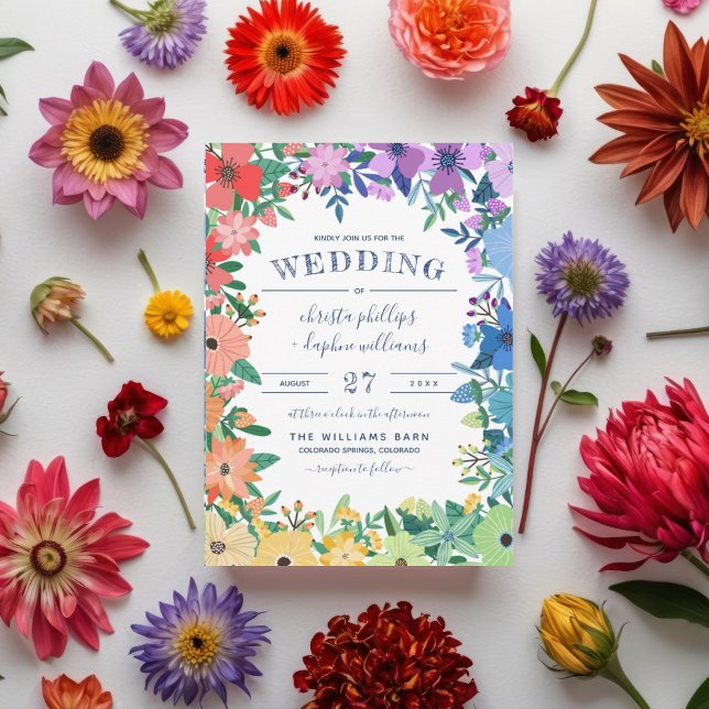 Convites Flores Arco-Íris Retrô Casamento Gay Lésbico (Criador carregado)