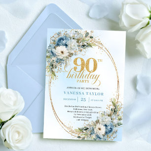 Convites Flores Azuis Boêmias Atemporais Brancas Aniversári