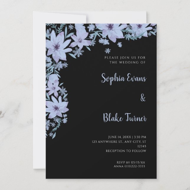 Convites Flores Azuis Bonitas Casamento Preto Romântico (Frente)