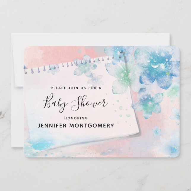 Convites Flores Azuis bonito no Chá de fraldas de Fundo Ros (Frente)