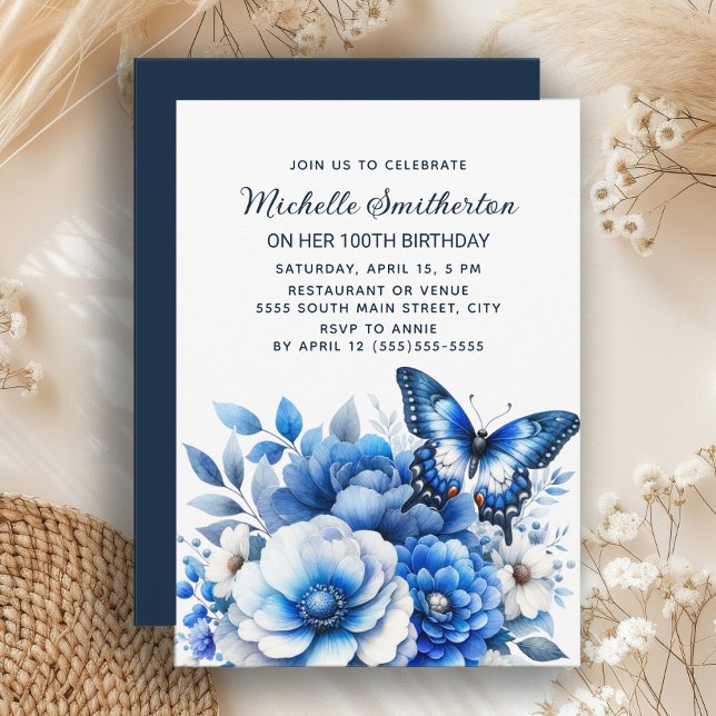 Convites Flores Azuis Borboletas Elegantes 100º Aniversário (Elegant blue butterfly and floral 100th birthday party invitation for women)