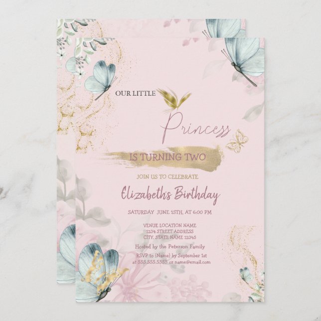 Convites Flores Azuis Borboletas Rosa Aniversário (Frente/Verso)