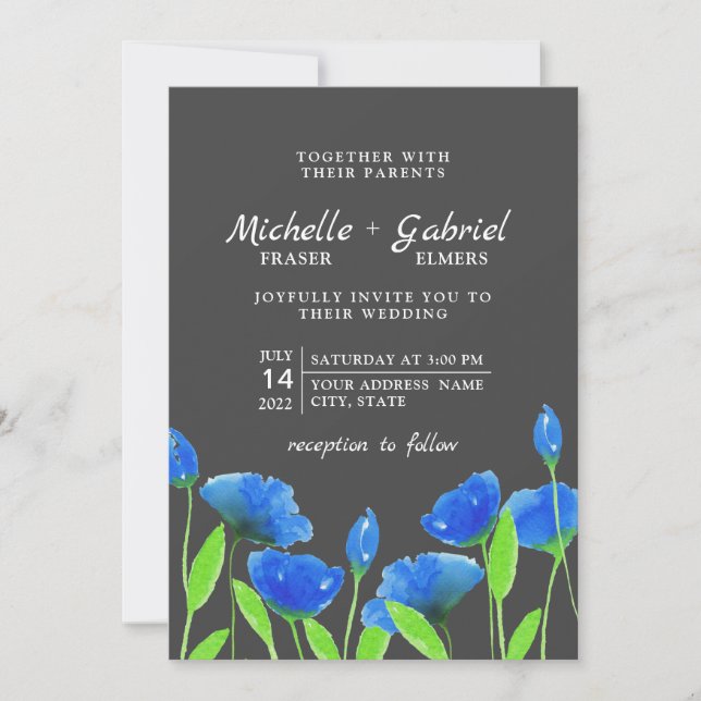 Convites Flores azuis. Casamento floral. Branco (Frente)