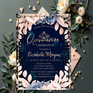 Convites Flores Azuis Chiques Tiara Dourada de Diamantes Qu