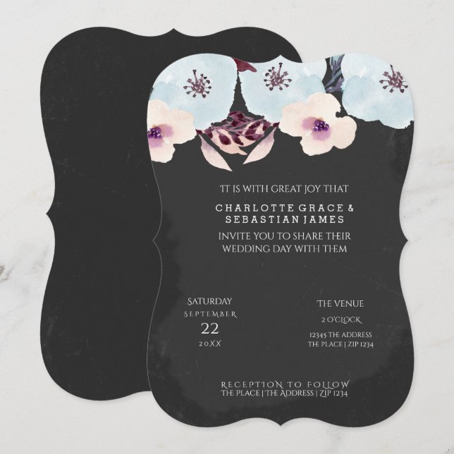 Convites Flores Azuis de Aquarela no Casamento de Chalkboar (Frente/Verso)