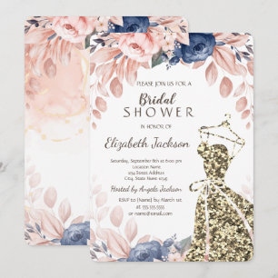 Convites Flores Azuis de Vestido Dourado Elegante Na moda