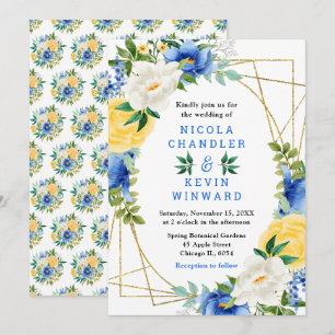Convites Flores Azuis e Amarelas com Folhagem para Casament