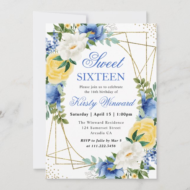 Convites Flores Azuis e Amarelas Frame Dourado Sweet 16 (Frente)