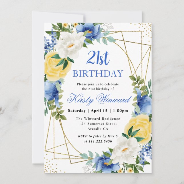 Convites Flores Azuis e Amarelas Moldura Dourada Aniversári (Frente)