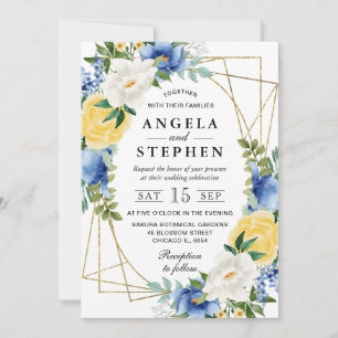 Convites Flores Azuis e Amarelas Moldura Dourada Casamento