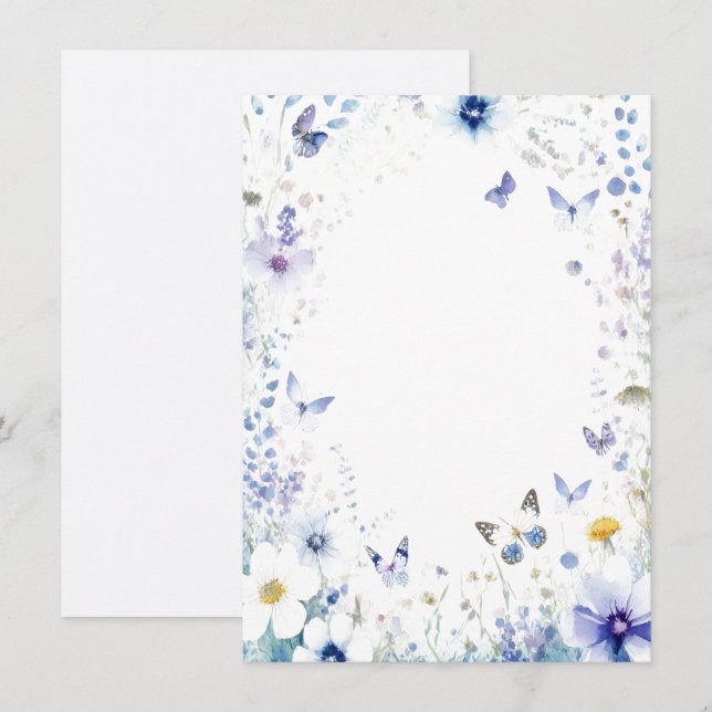 Convites Flores azuis e borboletas casamento em branco (Frente/Verso)