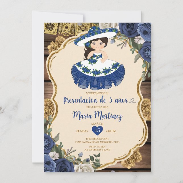 Convites Flores Azuis e Brancas Apresentação De Tres Años (Frente)