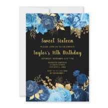 Flores Azuis e Douradas Elegantes Sweet Sixteen