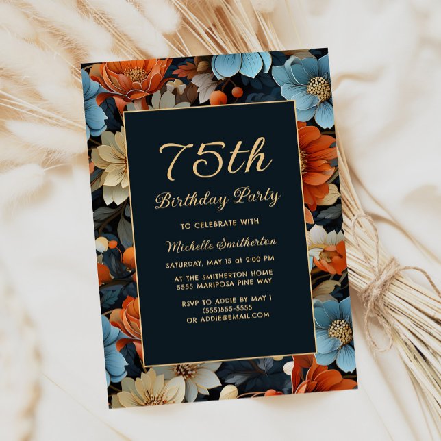 Convites Flores Azuis e Laranjas de Qualquer Idade para 75º (Blue and orange floral 75th birthday party invitation)
