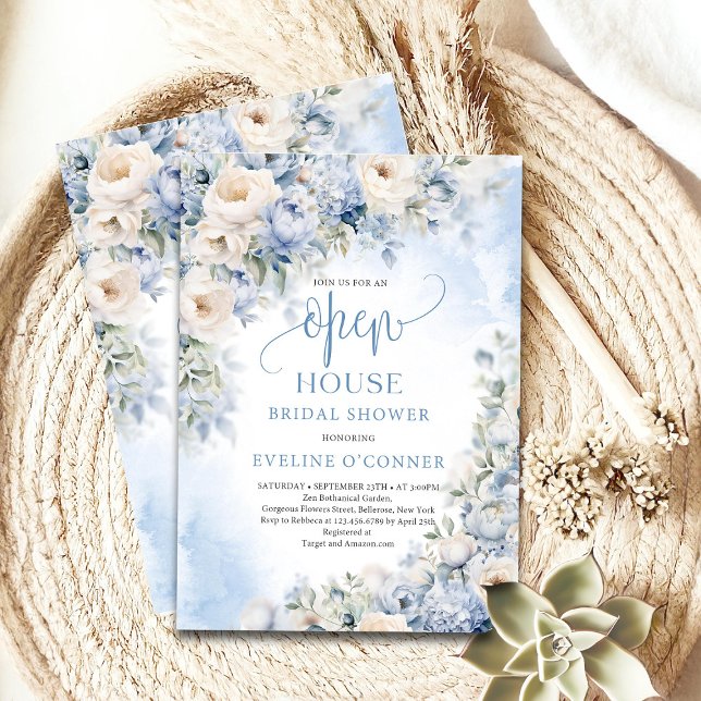 Convites Flores azuis e marfim poeirentas de inverno Casa a (Boho Elegant Dusty Blue and Ivory Flowers open house bridal shower invitation)