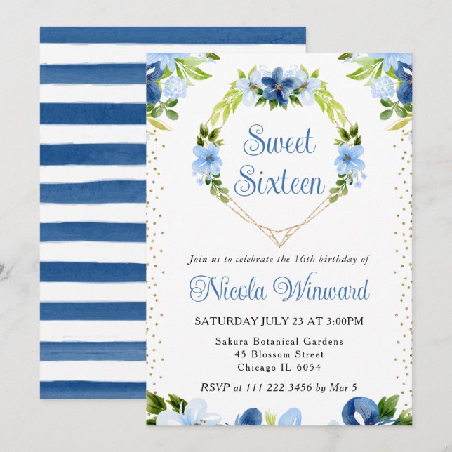 Convites Flores Azuis e Navy Coração de Grinalda Sweet 16 (Frente/Verso)