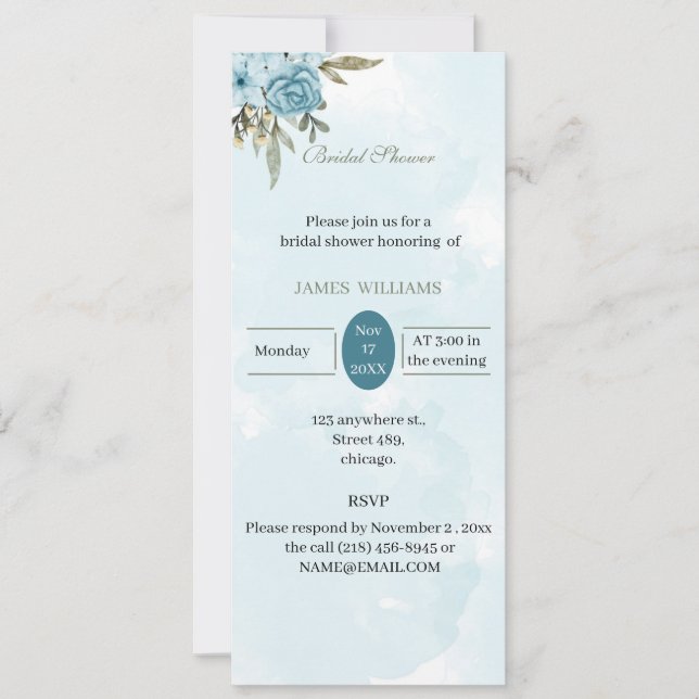 Convites Flores azuis Elegantes de Chá de panela Personaliz (Frente)