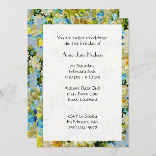 Convites Flores Azuis, Flores Brancas, Aniversário Floral
