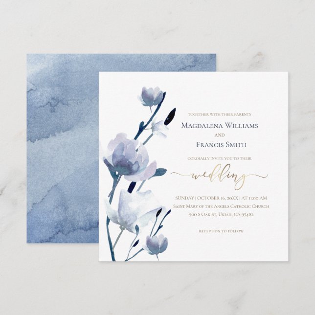 Convites flores azuis florescem | casamento (Frente/Verso)