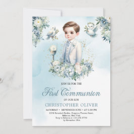 Convites Flores azuis legantes sage Primeira Comunhão
