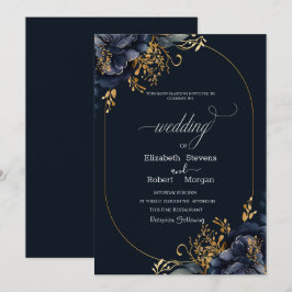 Convites Flores Azuis Marinho Folhas Douradas Quadro Casame