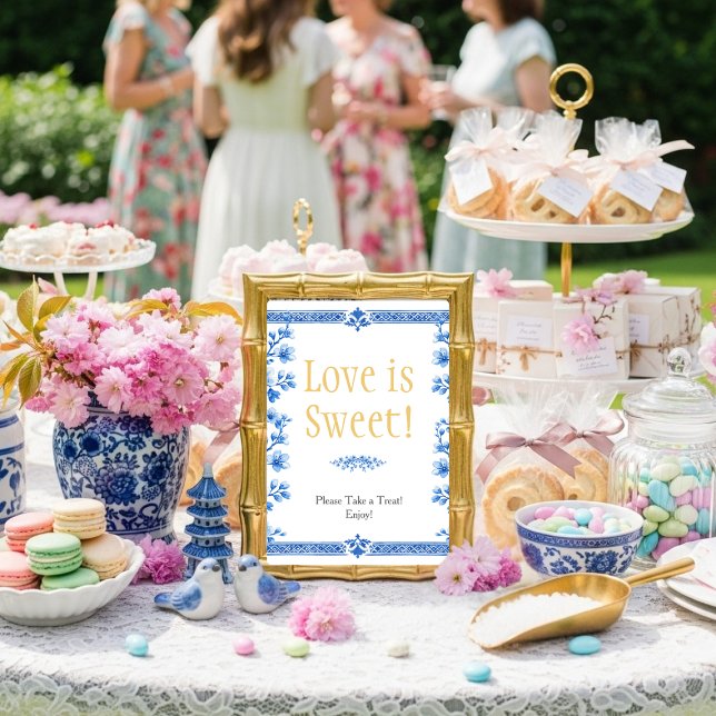 Convites Flores azuis "O Amor é Doce" Placa (Blue blossom florals "Love is Sweet" Sign)