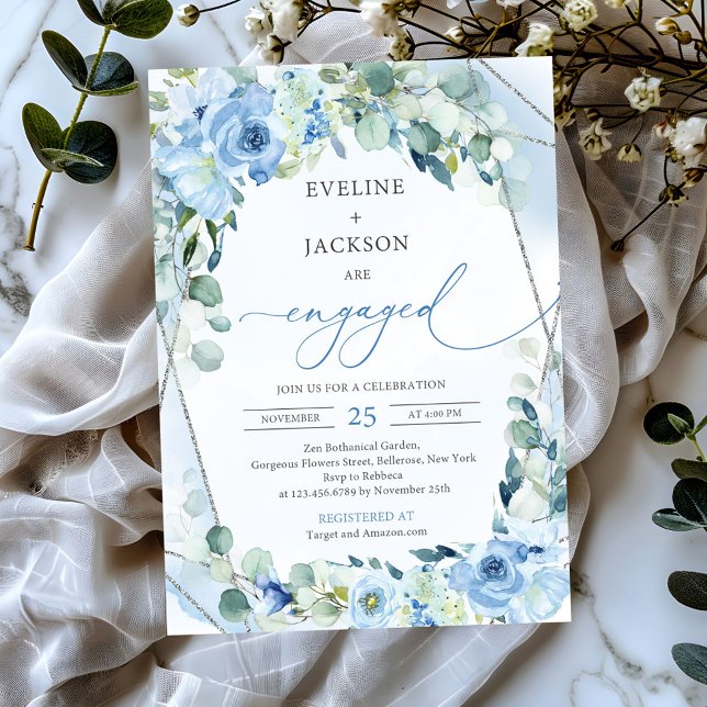 Convites Flores azuis opulentas Noivado de boho prateado (chic watercolor boho blue flowers eucalyptus silver frame engagement invitation)