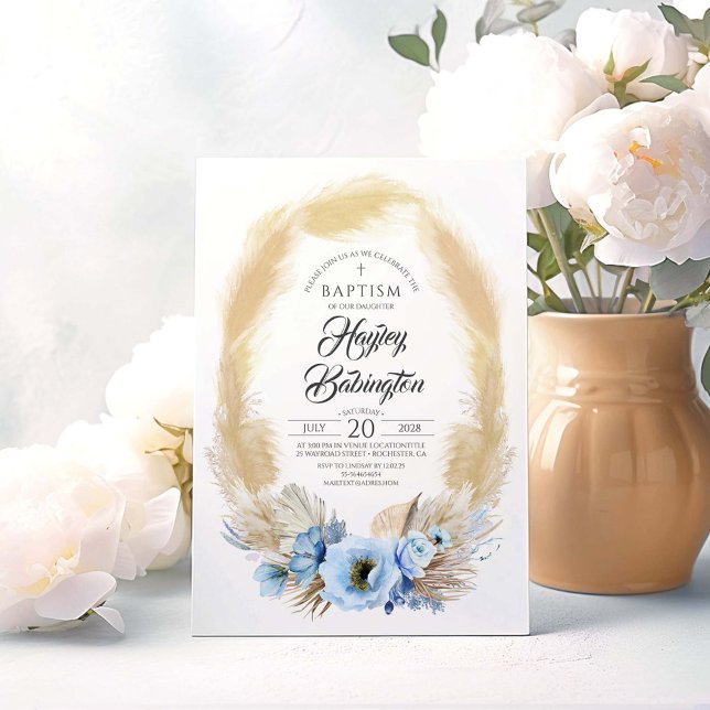 Convites Flores Azuis Pampas Grass Baptism (Dusty Blue Baptism Invitations)