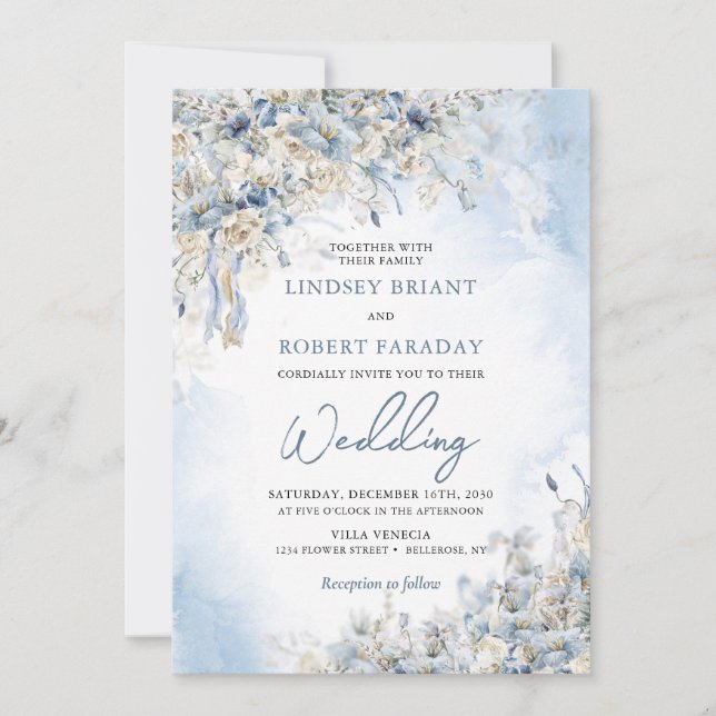 Convites Flores azuis poeirentas e rosas brancas Elegantes  (Frente)