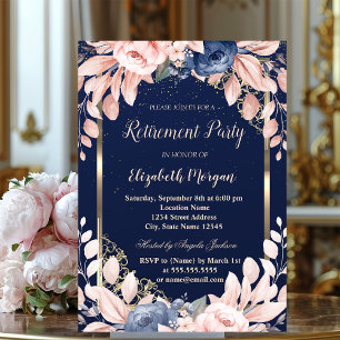 Convites Flores Azuis Quadro Dourado Azul Marinho Aposentad