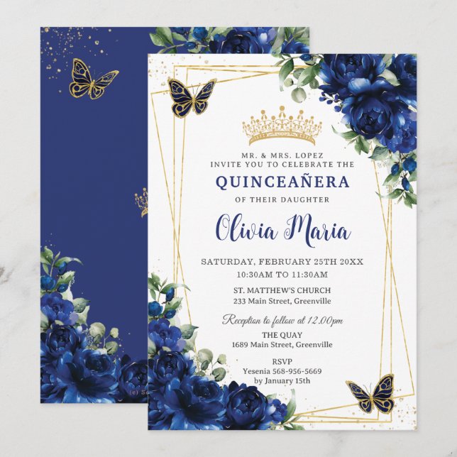 Convites Flores Azuis Reais Quinceañera Borboletas (Frente/Verso)