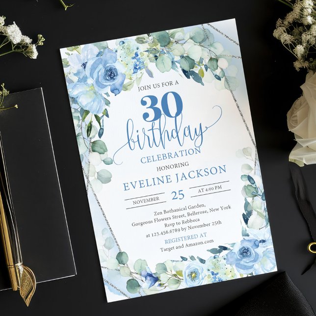 Convites Flores azuis romanas eucalipto e 30 prateado (30th birthday invitation with watercolor blue flowers eucalyptus and silver frame)