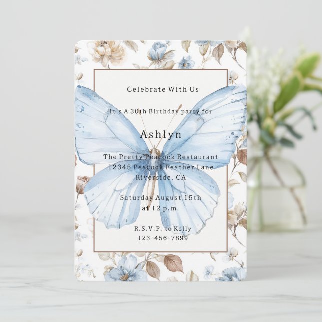 Convites Flores Azuis Românticas Borboleta Marrom Aniversár (Em pé/Frente)