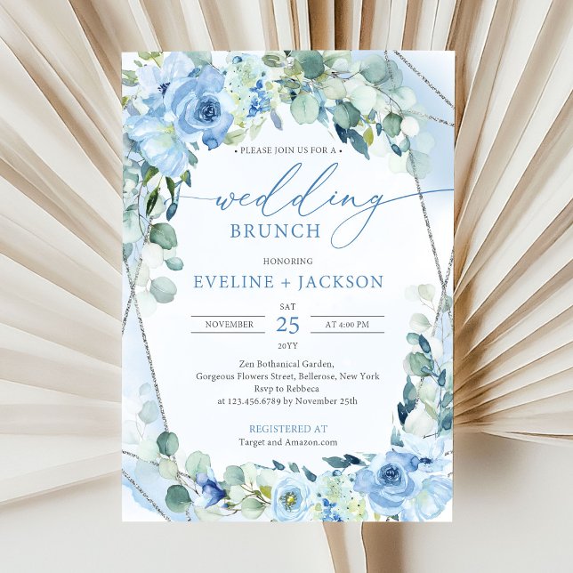 Convites Flores azuis românticas e brunch de casamento de e (modern watercolor blue flowers mixed eucalyptus greenery and siver frame wedding brunch invitation )