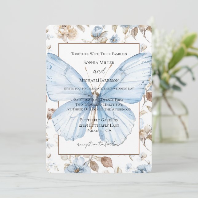 Convites Flores Azuis Românticas Folhas Borboleta Casamento (Em pé/Frente)