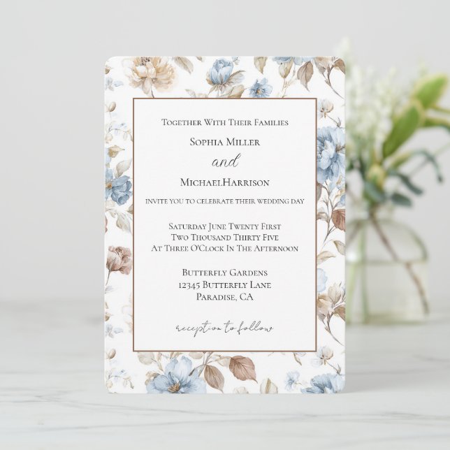 Convites Flores Azuis Românticas Folhas Marrons Casamento E (Em pé/Frente)