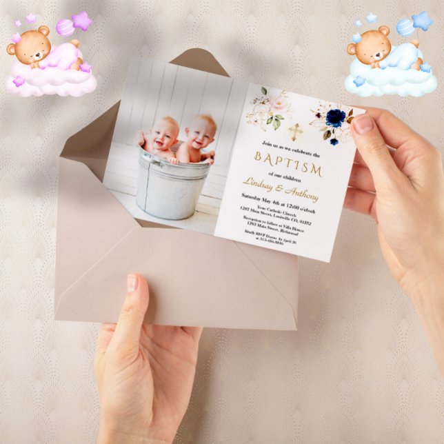 Convites Flores Azuis Rosa Cruzam Gêmeos Foto Batismo (cute trendy floral baby twins baby shower invitation)
