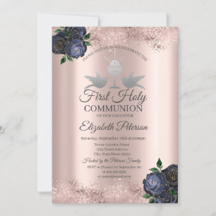Convites Flores Azuis Rose Gold Primeira Comunhão