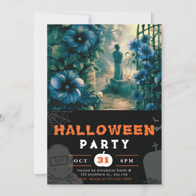 Convites Flores Azuis Sinistras de Cemitério no Halloween (Frente)
