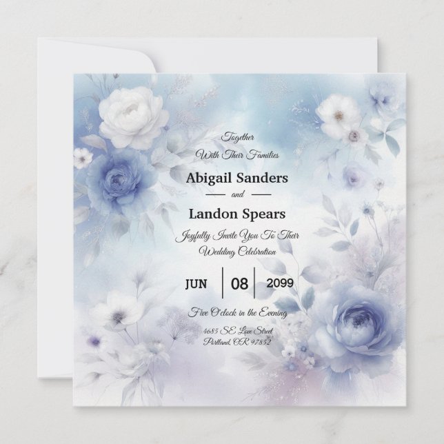 Convites Flores Azuis Suaves e Casamento Mista de Lavanda (Frente)