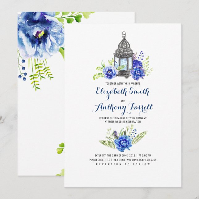 Convites Flores Azuis Vintage Lanterna Watercolor Casamento (Frente/Verso)