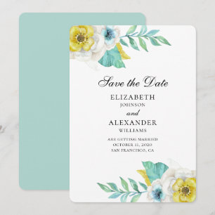 Convites Flores azul e amarela. Mint floral salvar data