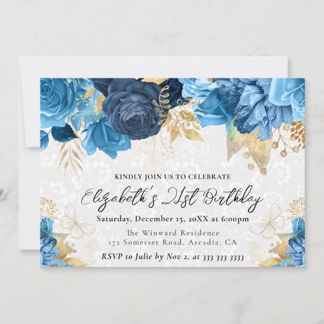 Convites Flores Azul e Dourado em Aquarela para 21º Anivers (Frente)