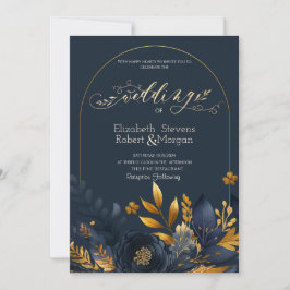 Convites Flores Azul-Marinho Folhas Douradas Casamento