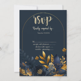 Convites Flores Azul-Marinho Folhas Douradas RSVP