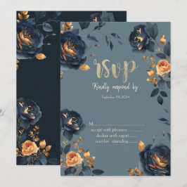 Convites Flores Azul-Marinho Folhas Douradas RSVP