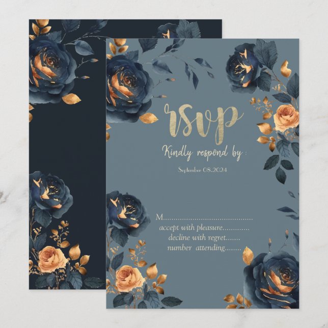 Convites Flores Azul-Marinho Folhas Douradas  RSVP (Frente/Verso)