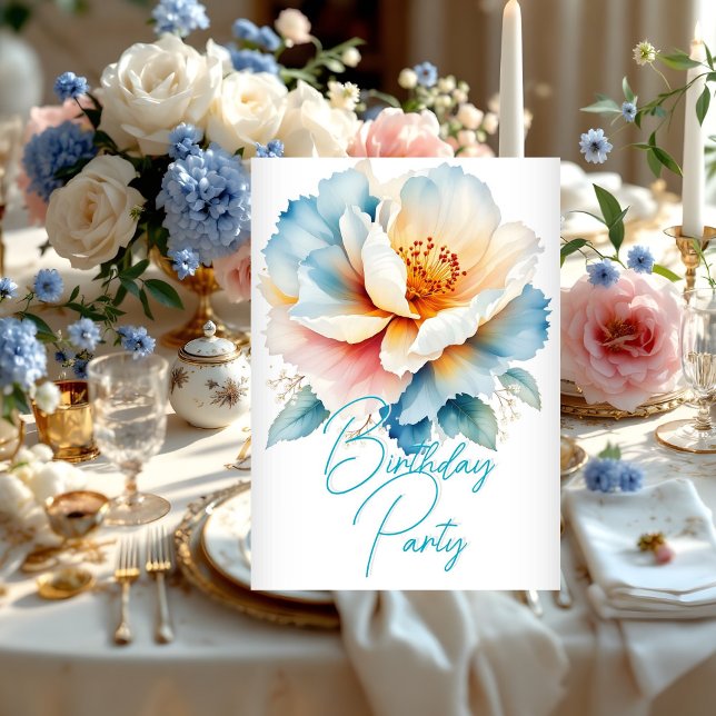 Convites Flores Azul-Rosa Azul Delicadas com Festa de anive (Criador carregado)