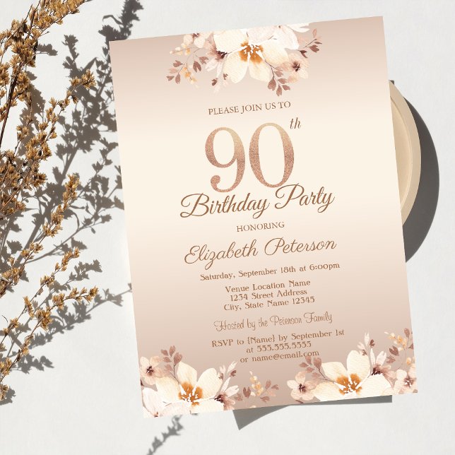 Convites Flores Bege Elegantes Aniversário de 90 anos   (Criador carregado)