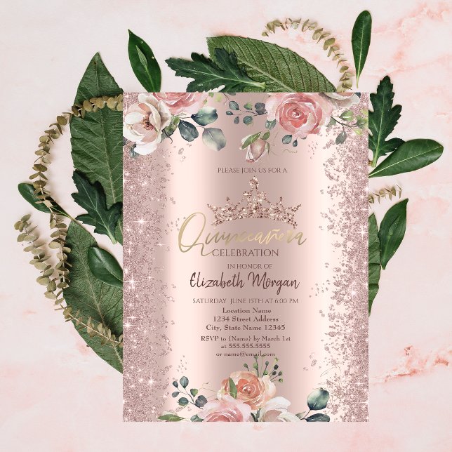 Convites Flores Blush Diamantes Ouro Rosé (Criador carregado)